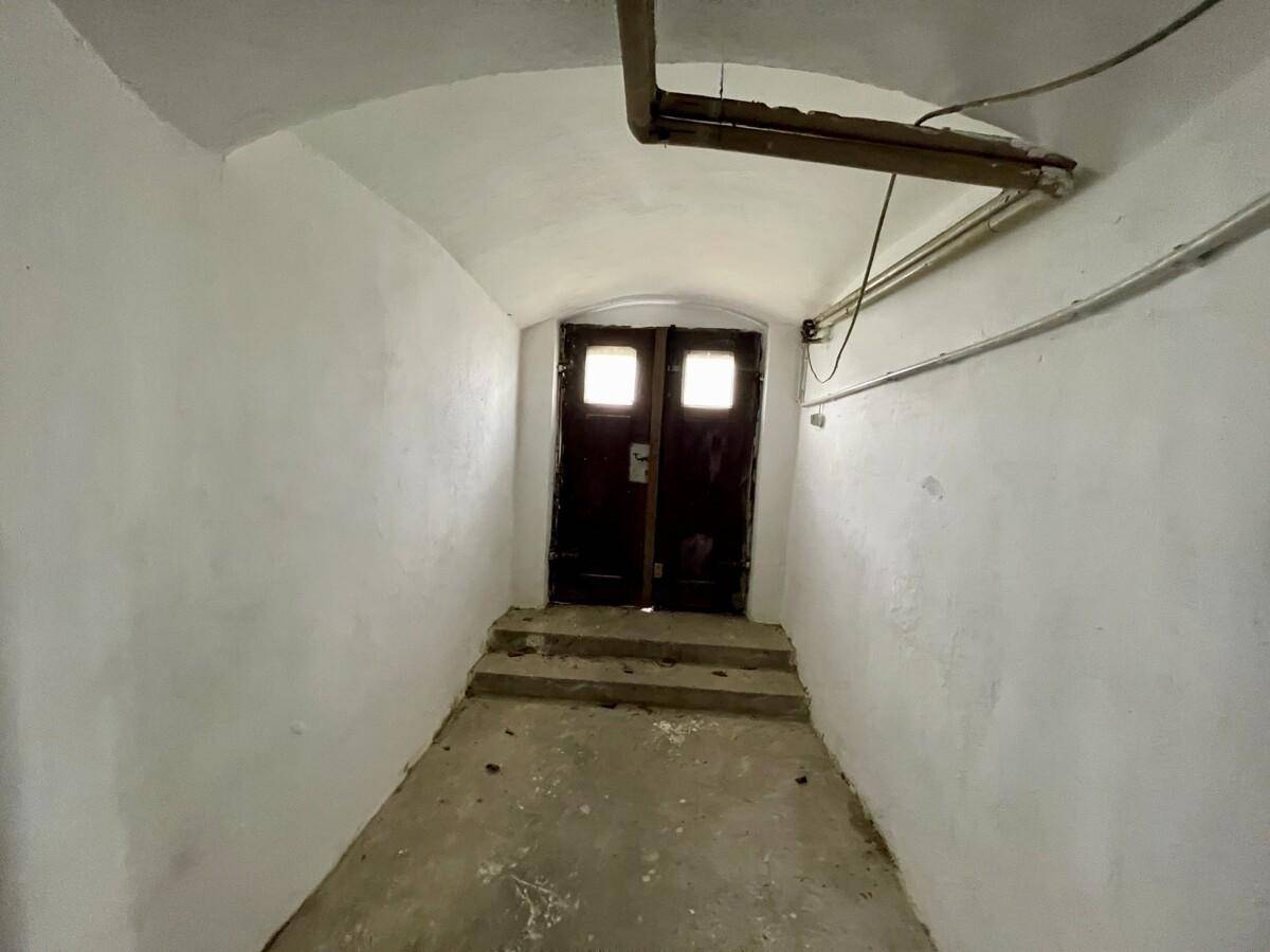 Kellerflur mit gewölbter Decke, weißen Wänden und dunkler Holztür am Ende.