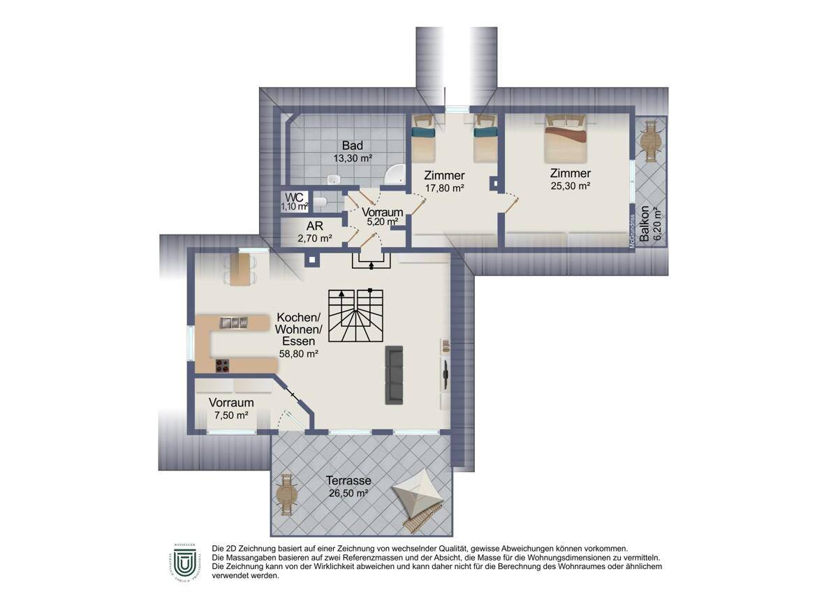 Grundriss einer weiteren Etage mit Schlafzimmern, Bad, Balkon und Terrasse.
