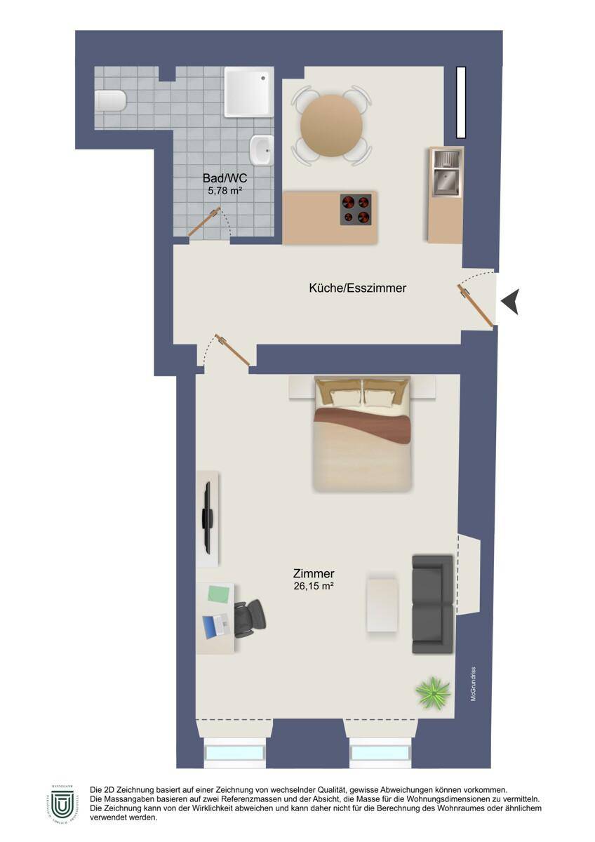 Grundriss der Wohnung mit Schlafzimmer, Küche/Esszimmer und Bad/WC.