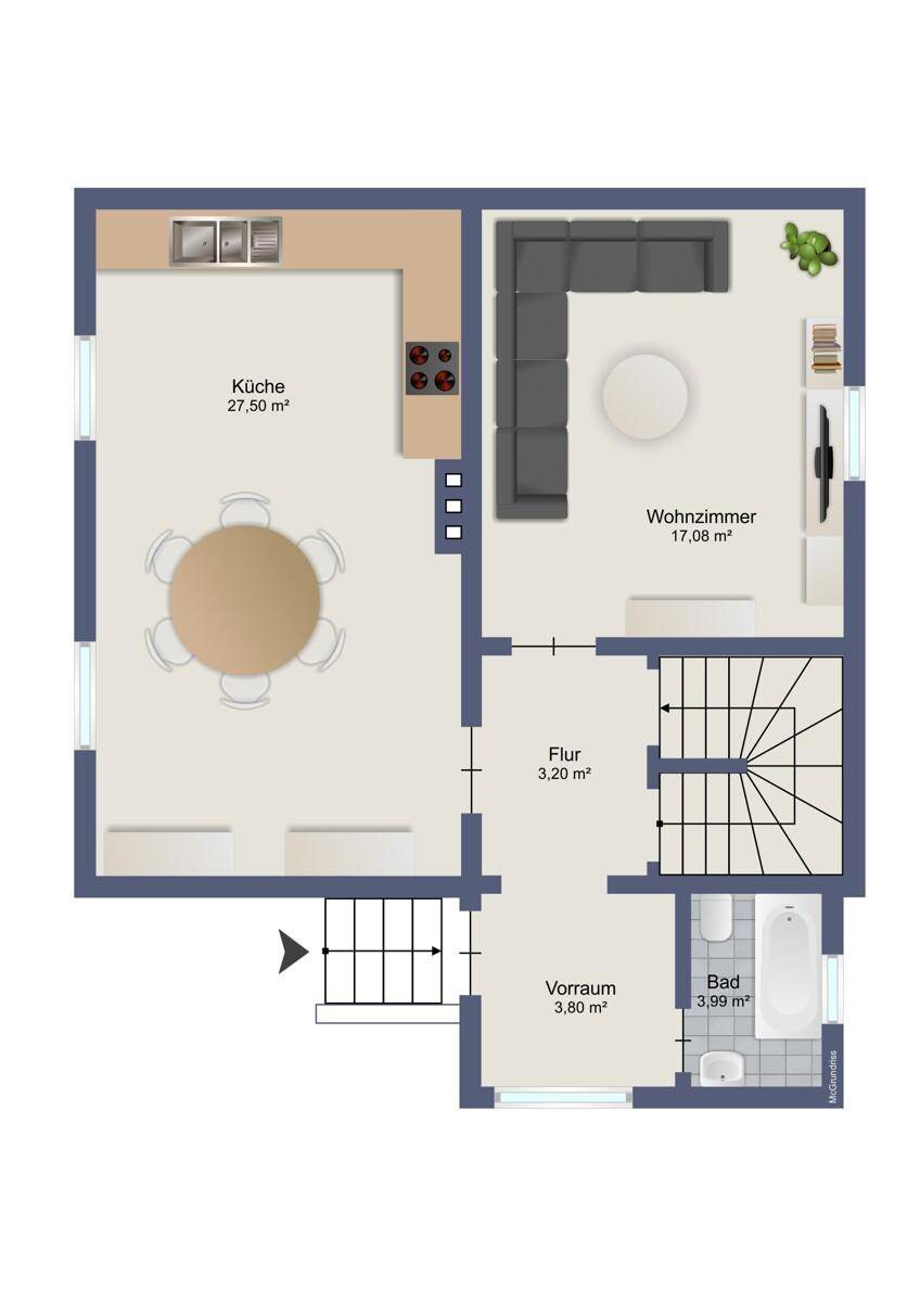 Grundriss des Erdgeschosses mit offener Küche, Essbereich, Wohnzimmer und einem Badezimmer.