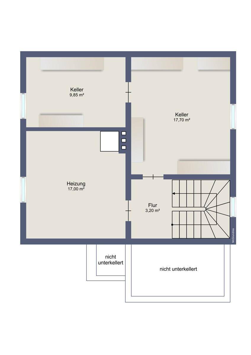 Grundriss des Kellergeschosses mit Heizungsraum und zwei separaten Kellerräumen für Lagerzwecke.