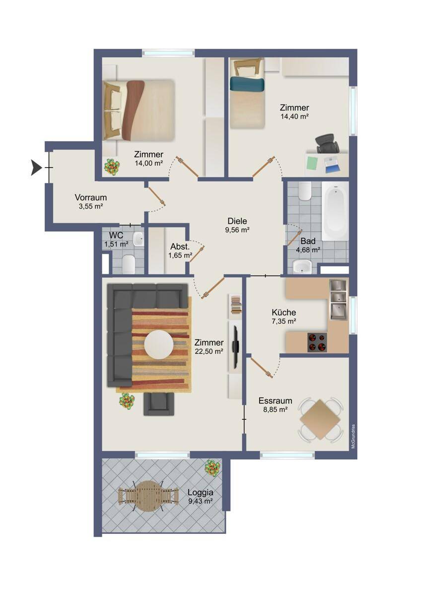 Detaillierter Grundriss einer Wohnung mit Loggia, zwei Schlafzimmern und offenem Wohnbereich.