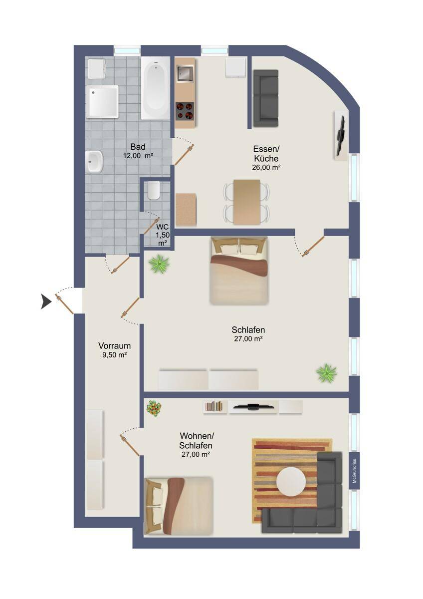 Detaillierter Grundriss einer Wohnung mit drei Zimmern, Bad und separatem WC.