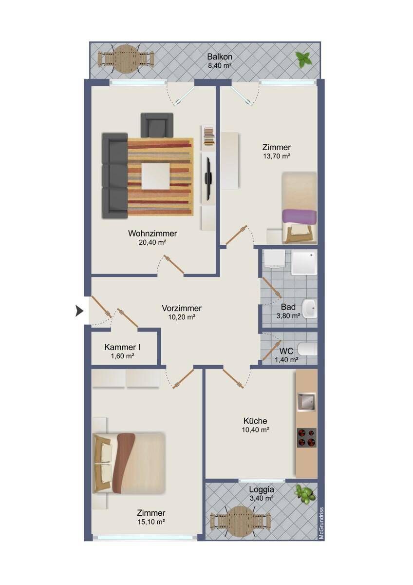 Detaillierter Grundriss der Wohnung mit Wohnzimmer, zwei Zimmern, Küche und zwei Außenbereichen.