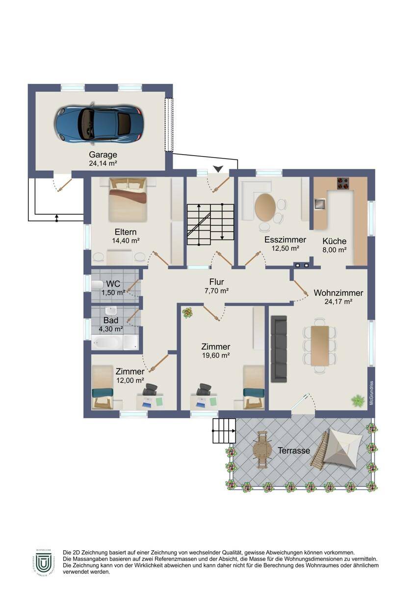 Grundriss des Erdgeschosses mit Garage, Wohnzimmer, Esszimmer, Küche und Terrasse.