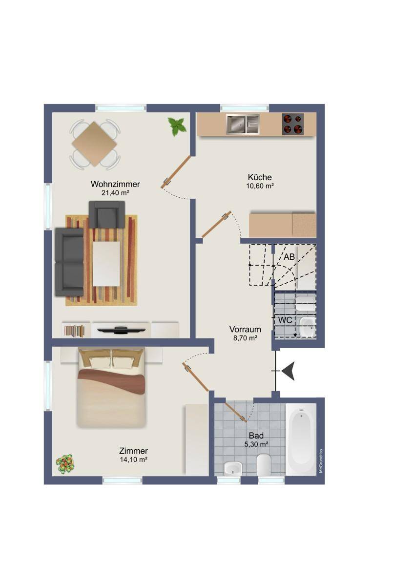 Grundriss des Erdgeschosses mit Wohnzimmer, Küche, Schlafzimmer und Bad.