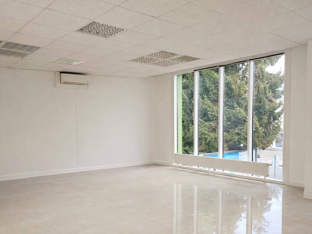 Geräumiger Bürobereich mit großen Fenstern, die einen Ausblick auf Bäume und einen Pool ermöglichen.