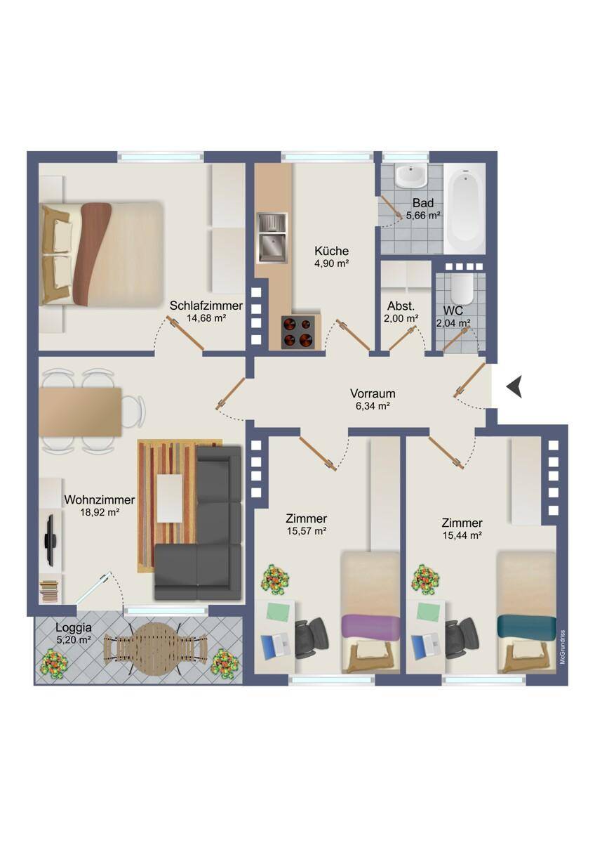 Grundriss der Wohnung mit drei Zimmern, Loggia und separatem WC.
