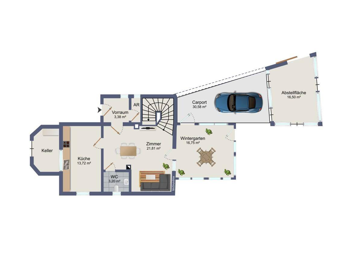 Grundriss des Erdgeschosses mit Küche, Wohnzimmer, WC, Wintergarten und Carport.