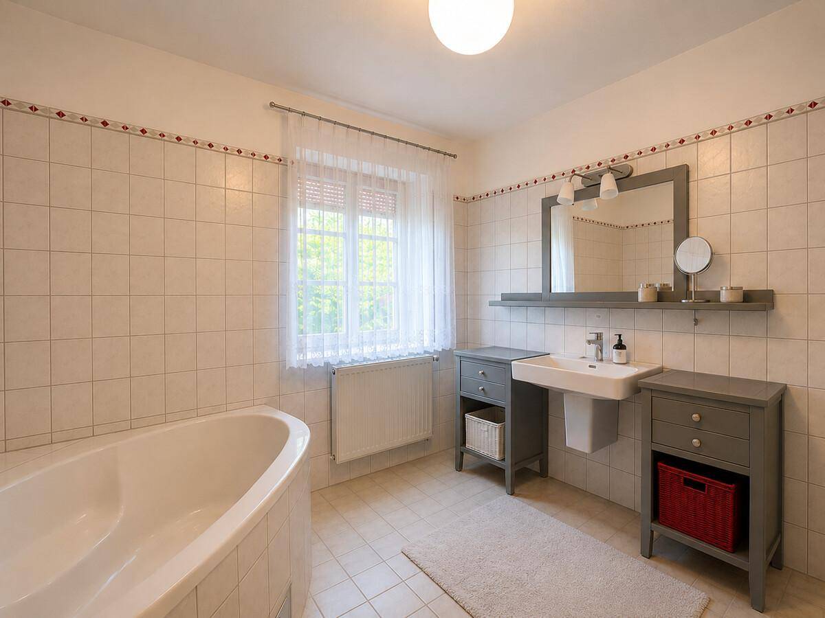 Geräumiges Badezimmer mit Eckbadewanne, modernem Waschtisch und Fenster.