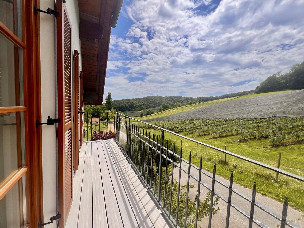 Langer Balkon mit Holzboden und malerischem Ausblick auf die umliegenden Weinberge.
