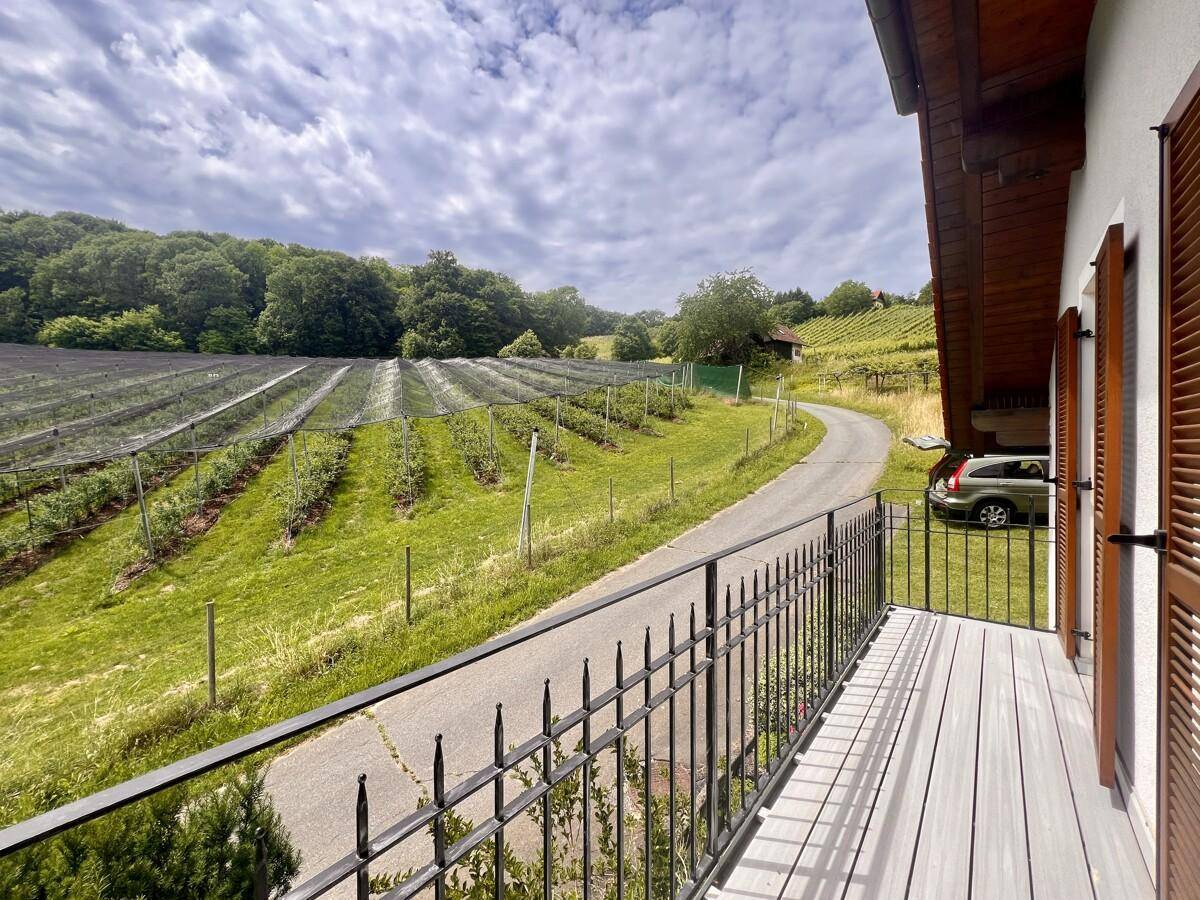 Schmaler Balkon mit Metallgeländer und weitem Blick auf die Weinberge.