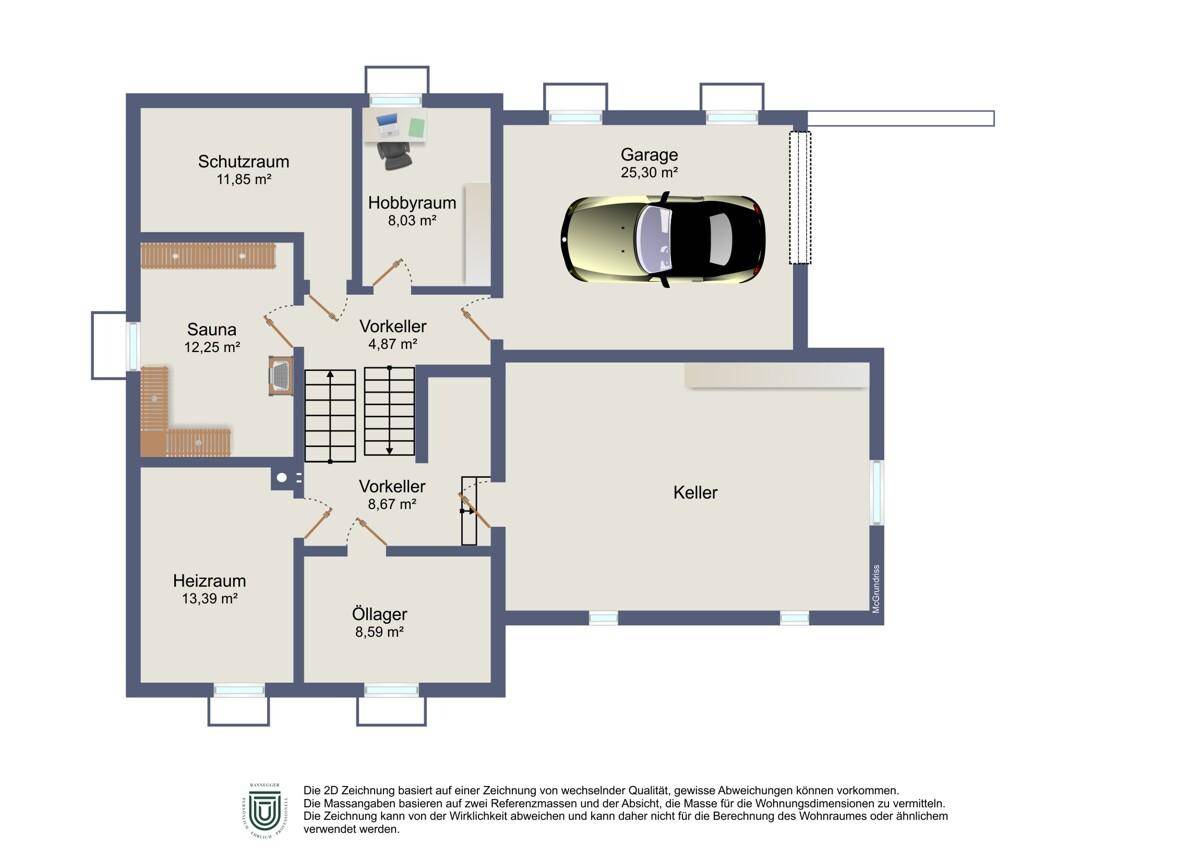Grundriss des Untergeschosses mit Sauna, Garage, Hobbyraum und Keller.