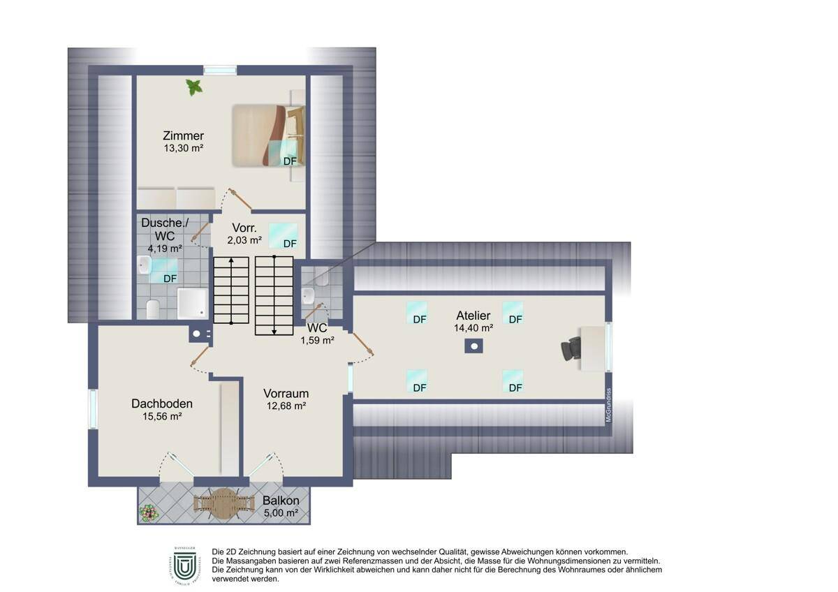 Grundriss des Obergeschosses mit Schlafzimmer, Atelier, Bad und Balkon.