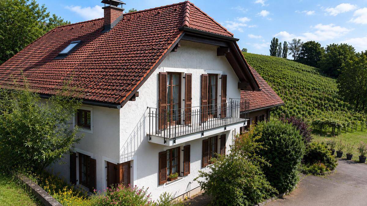Traditionelles Haus mit weißer Fassade, Holztüren und Balkon inmitten grüner Hügel.