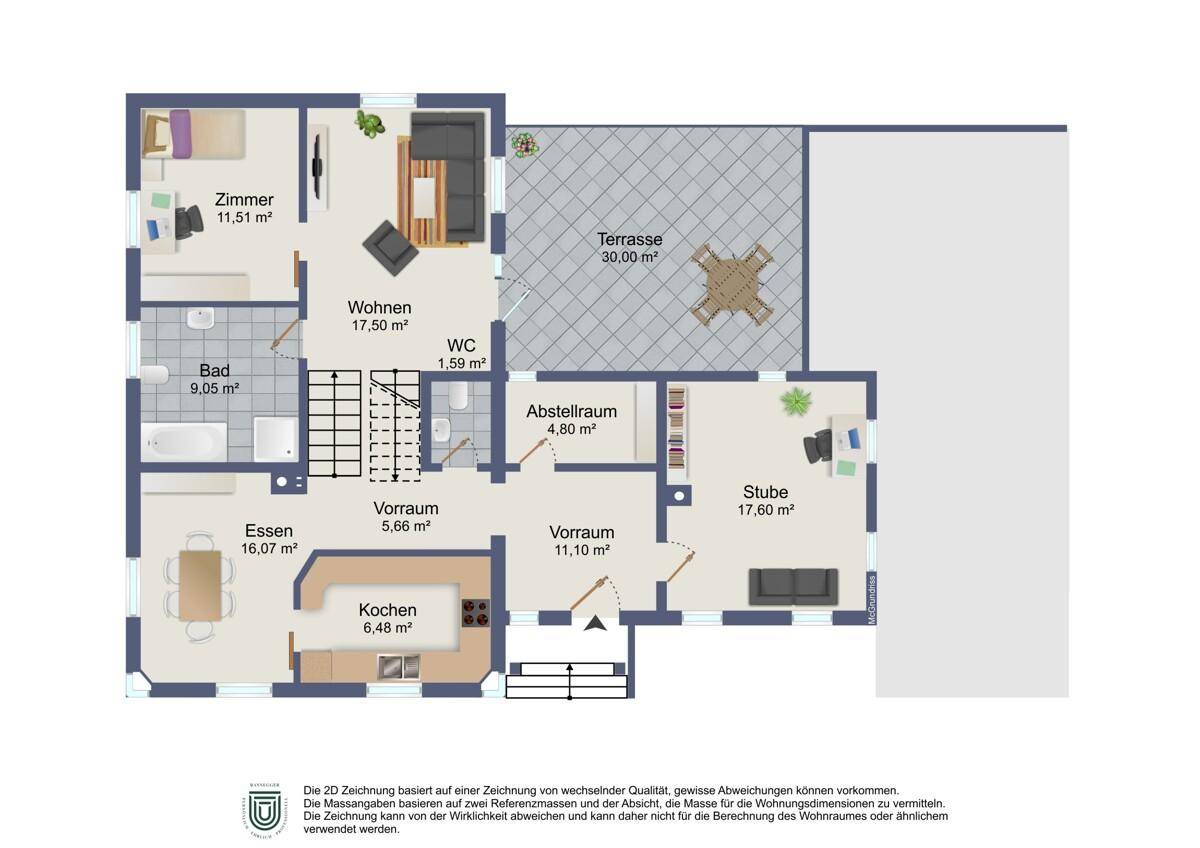 Grundriss des Erdgeschosses mit Wohnzimmer, Küche, Essbereich und Terrasse.
