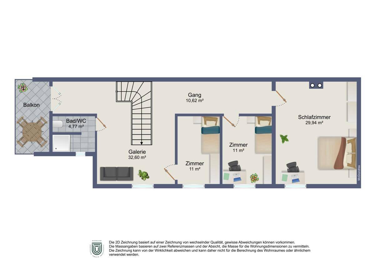 Grundriss des Obergeschosses mit Schlafzimmern, Galerie und Balkon.