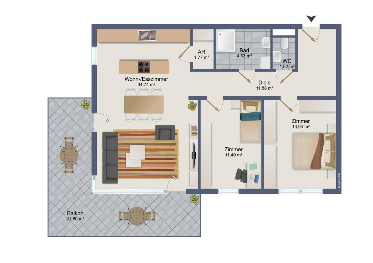 Grundriss der Wohnung mit offenem Wohn-Essbereich, zwei Zimmern und großem Balkon.