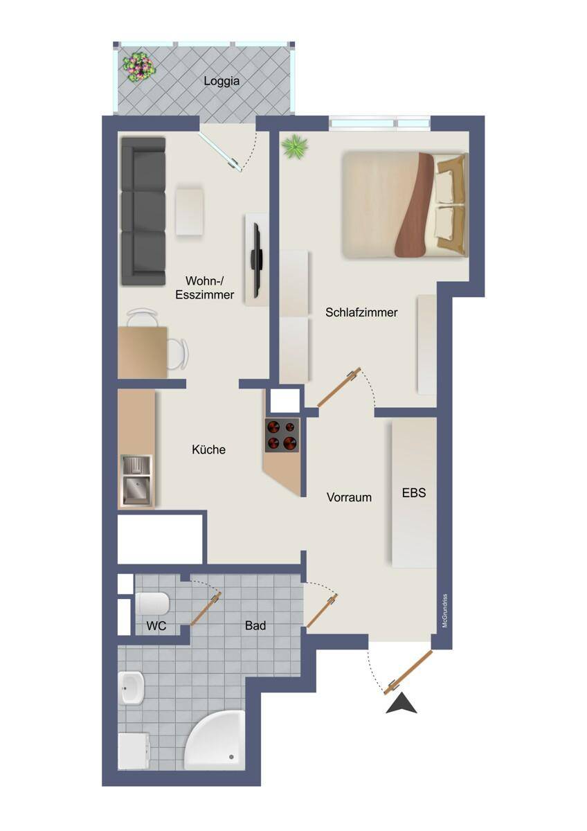 Grundriss einer Wohnung mit Wohn-/Esszimmer, Schlafzimmer, Küche, Bad, WC und Loggia.