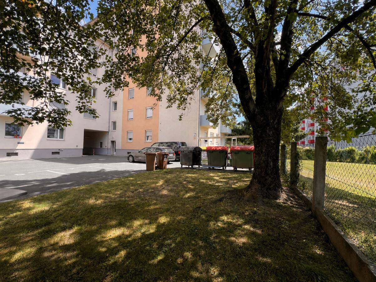 Außenansicht eines Mehrfamilienhauses mit Bäumen, Rasenfläche und Mülltonnen im Vordergrund.