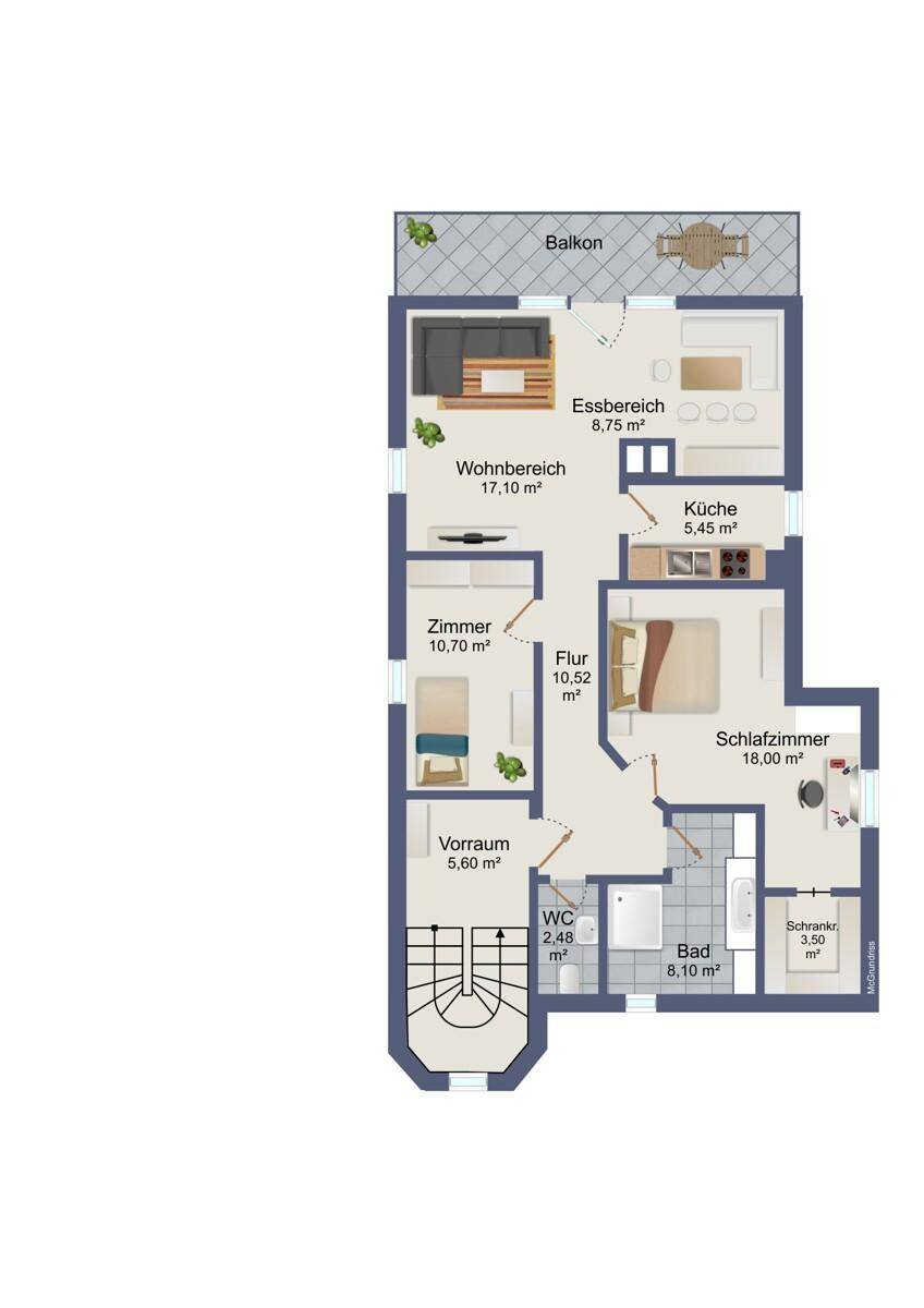 Grundriss mit offenem Wohn- und Essbereich, zwei Schlafzimmern, einem Bad und Balkon.