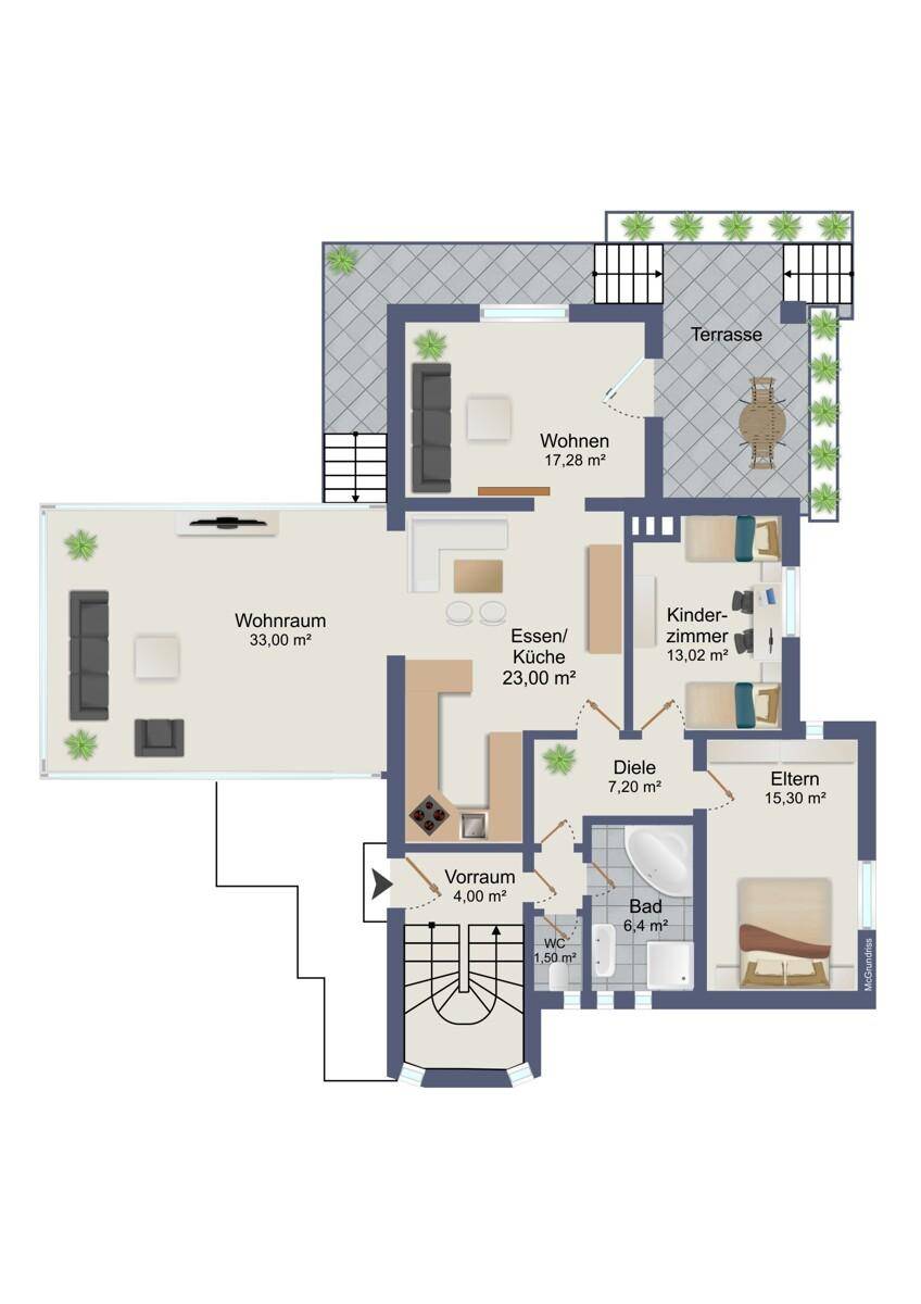 Grundriss mit offenem Wohn- und Essbereich, zwei Schlafzimmern, einem Bad und großer Terrasse.