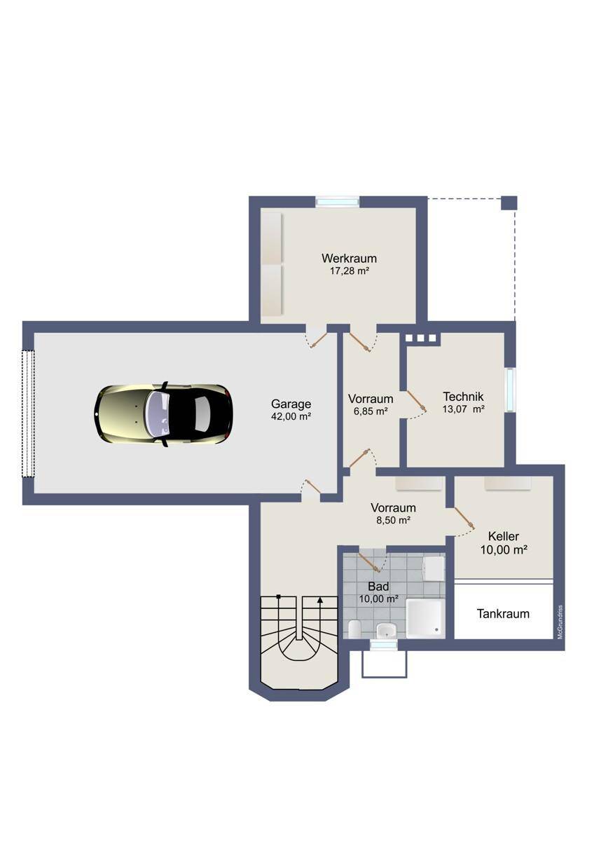 Grundriss des Untergeschosses mit großer Garage, Werkraum, Keller, Technikraum und Bad mit Dusche.