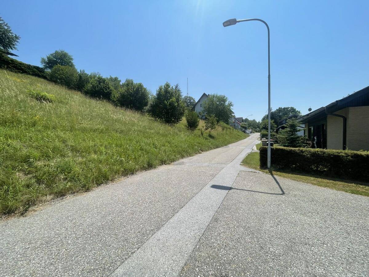Asphaltierte Straße mit Laterne, flankiert von einem grünen Hang und Häusern in der Ferne.