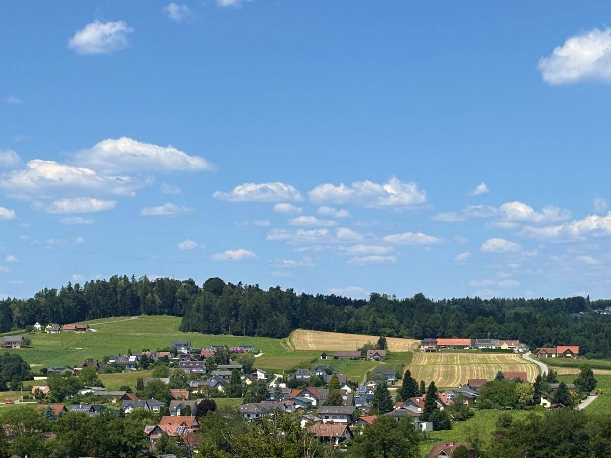 Weitläufiger Panoramablick über eine grüne Landschaft mit verstreuten Häusern und Feldern.