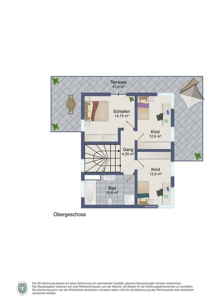 Grundriss des Obergeschosses mit drei Schlafzimmern, Bad und weiterer Terrasse.