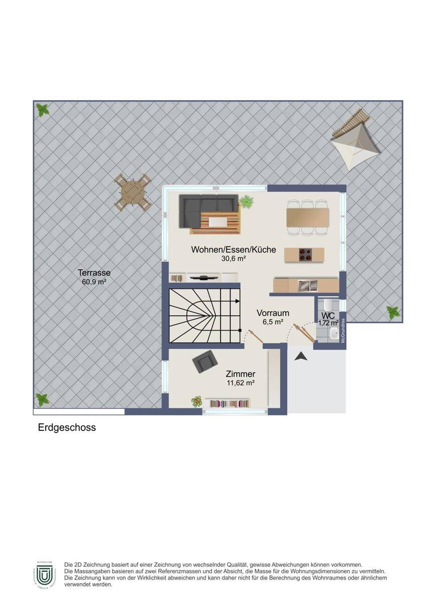 Grundriss des Erdgeschosses mit offener Wohnküche, Zimmer und großer Terrasse.