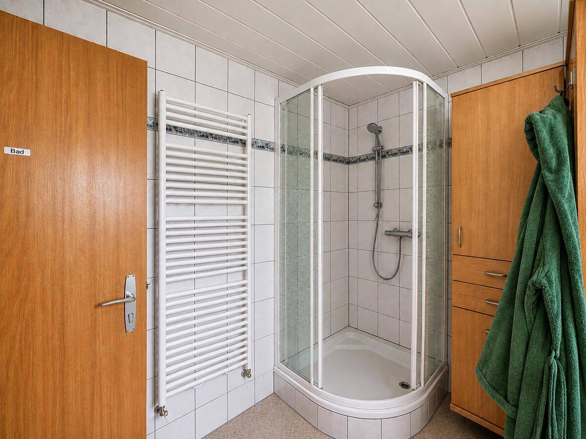 Duschbereich im Badezimmer mit Eckduschkabine und beheiztem Handtuchhalter.