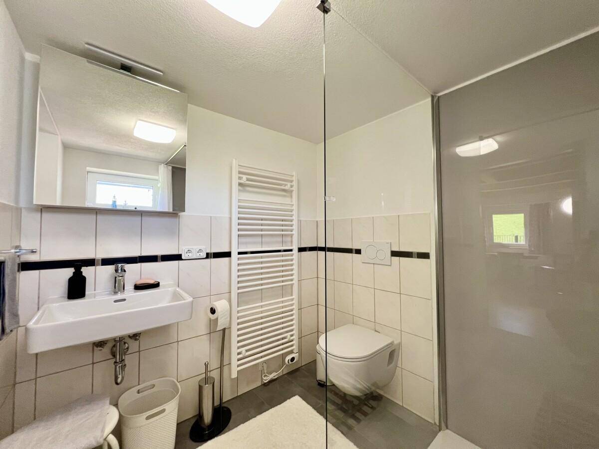 Modernes Badezimmer mit Dusche, WC, Waschbecken und beheiztem Handtuchhalter.