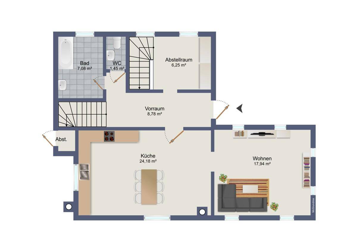Grundriss des Erdgeschosses mit Küche, Wohnzimmer, Bad und WC.