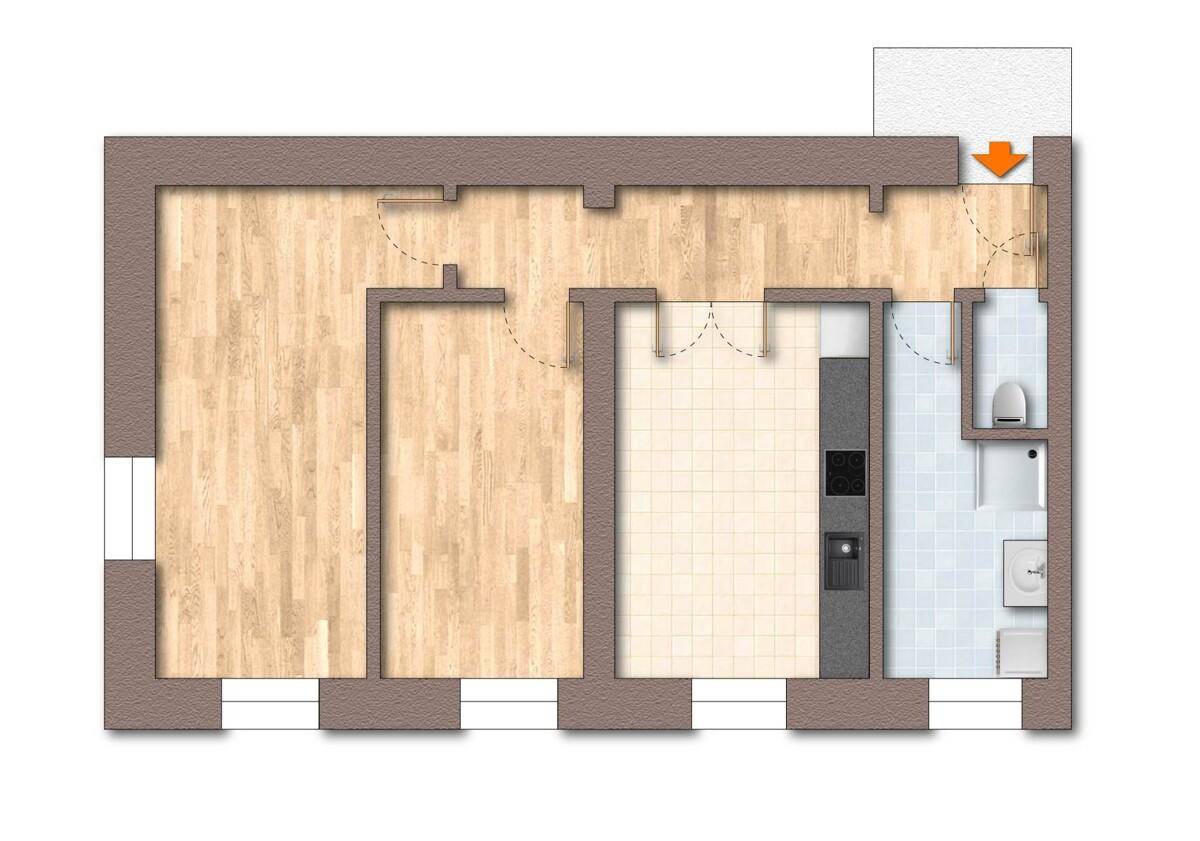 Grundriss einer Wohnung mit offenem Wohnbereich, Küche und Bad.