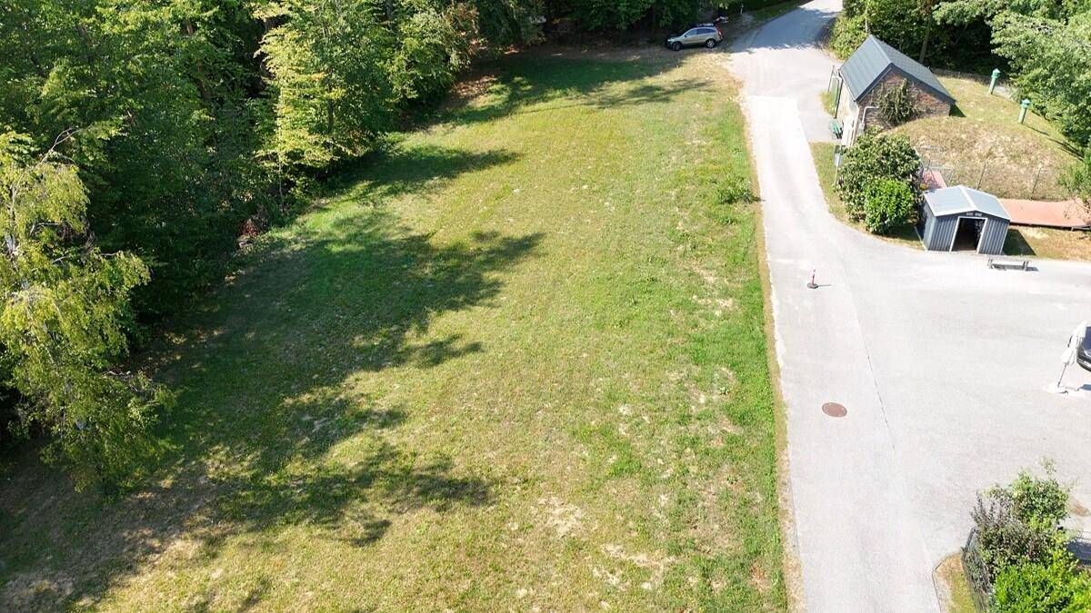 Weitläufiges grünes Grundstück aus der Luft, umgeben von Wald und einer kleinen Straße.