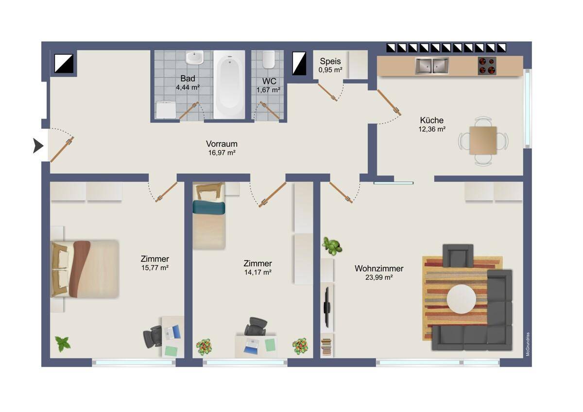 Übersichtlicher Grundriss einer Wohnung mit drei Zimmern, Bad, separatem WC und offener Küche.