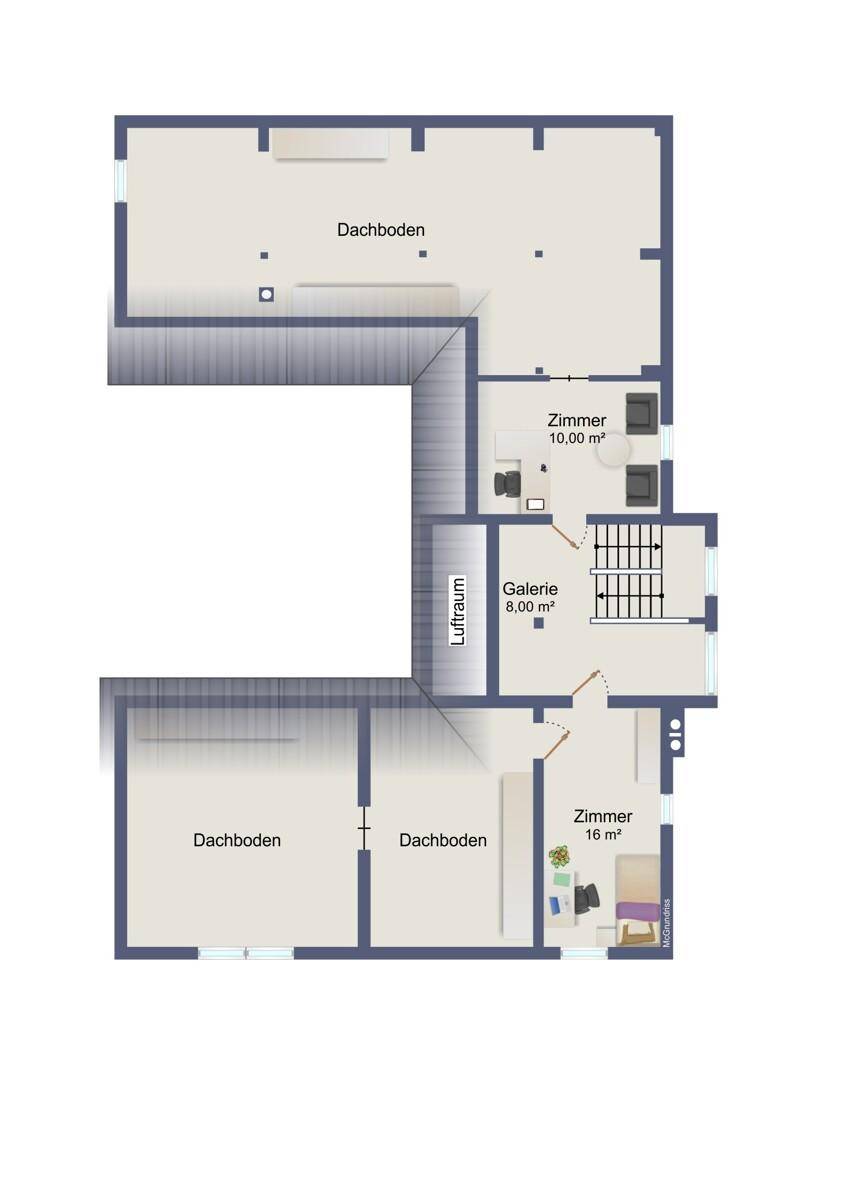 Grundriss des Dachgeschosses mit zwei Zimmern, einer Galerie und offenem Luftraum.