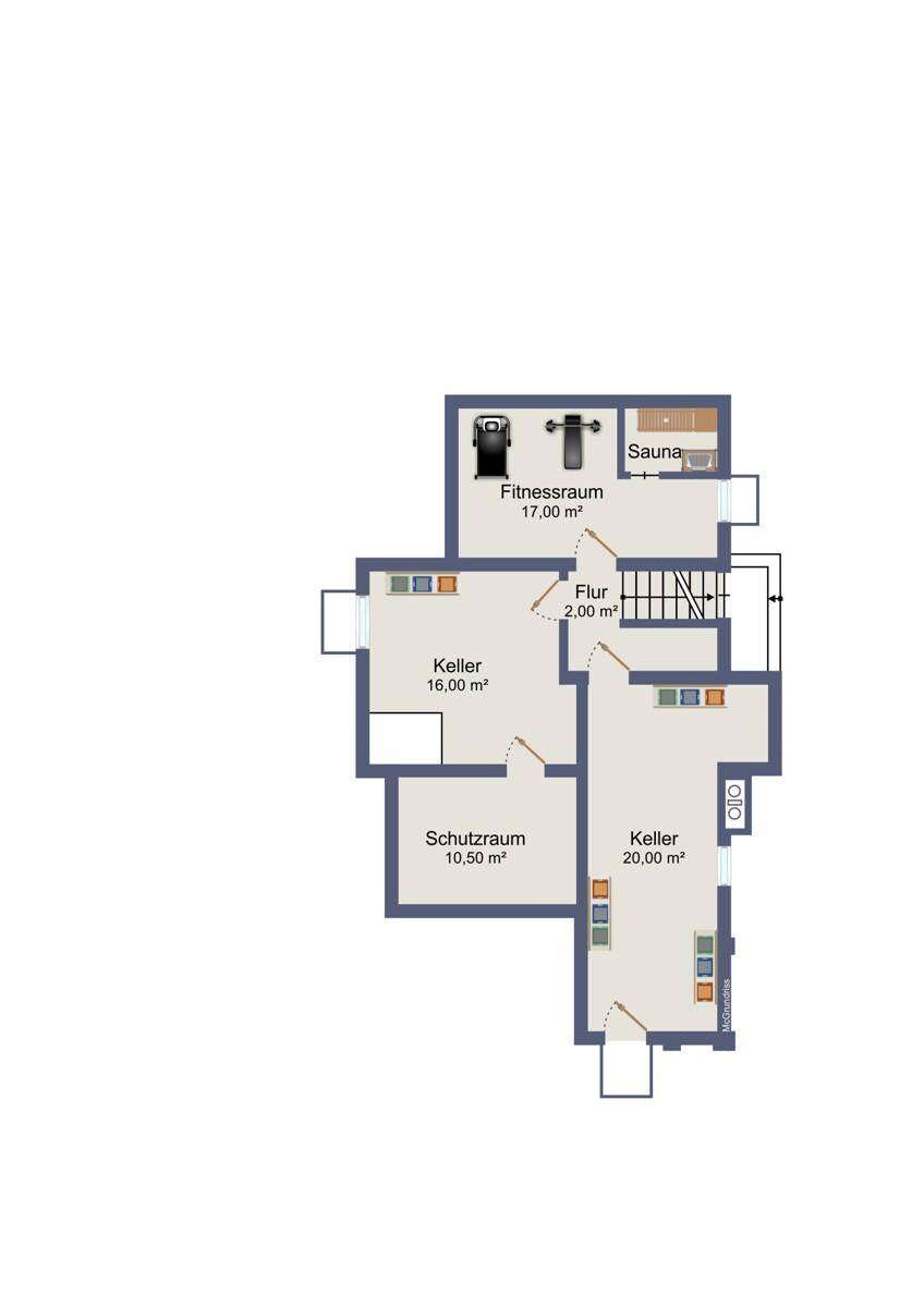 Grundriss des Kellergeschosses mit Fitnessraum, Sauna, Schutzraum und weiteren Kellerräumen.
