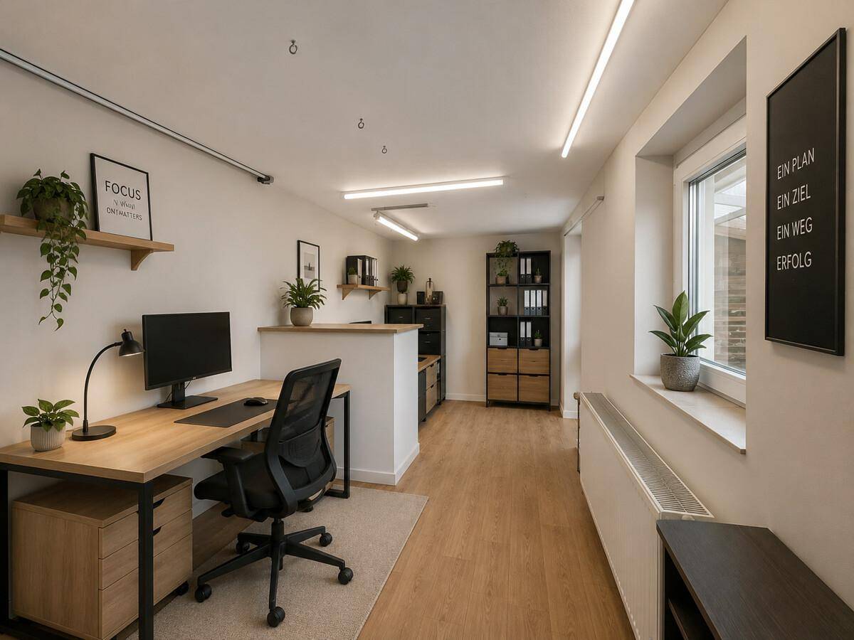 Modernes und helles Büro mit Schreibtisch, Regalen, Pflanzen und Laminatboden.