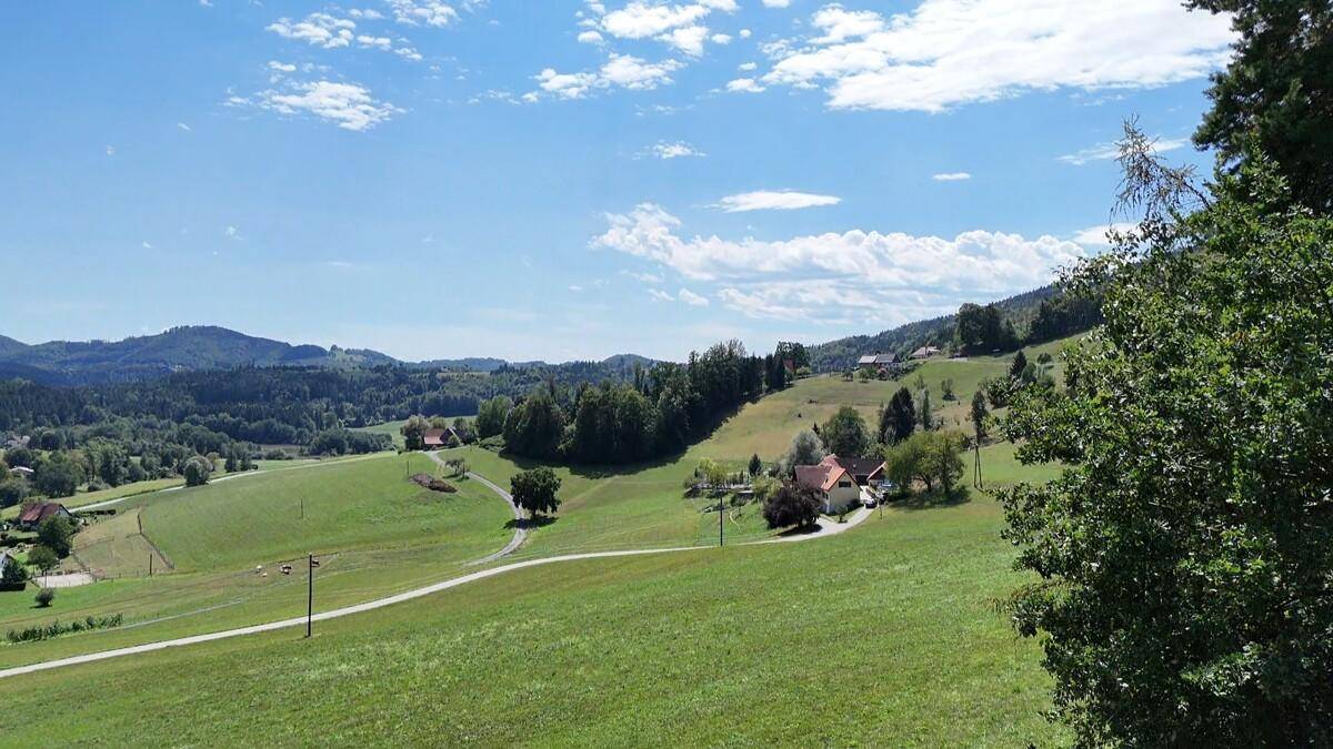 Malerischer Ausblick auf sanfte grüne Hügel und vereinzelte Häuser unter blauem Himmel.