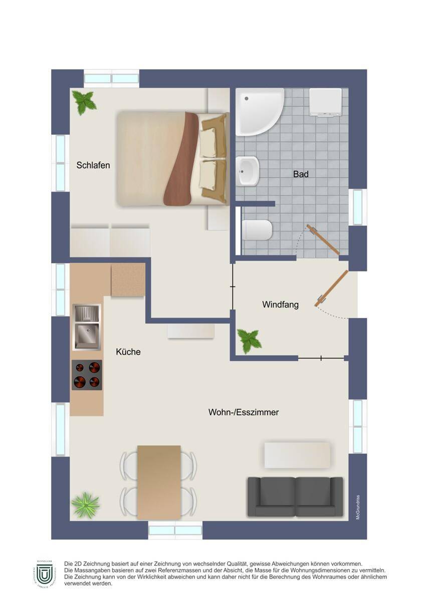 Grundriss einer Wohnung mit Schlafzimmer, Bad, Küche und Wohn-/Esszimmer.