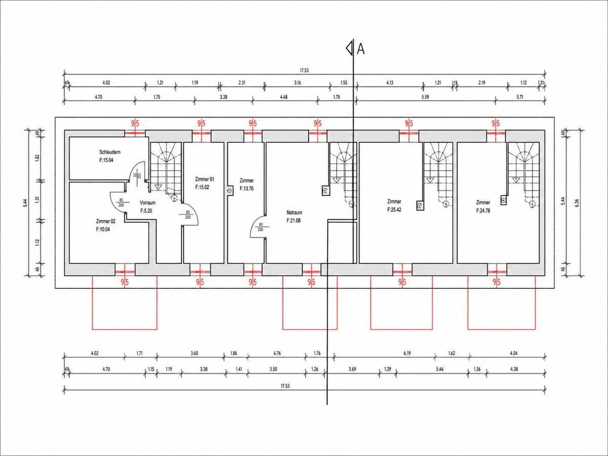 Grundrissplan mit Zimmeraufteilung, Schlafraum, Nassraum und Treppenhaus für eine Wohneinheit.