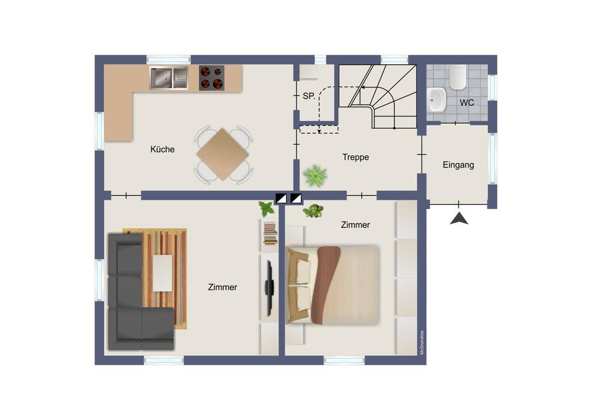 Dieser Grundriss zeigt eine Küche mit Essbereich, ein Wohnzimmer, ein Schlafzimmer und ein separates WC im Erdgeschoss.