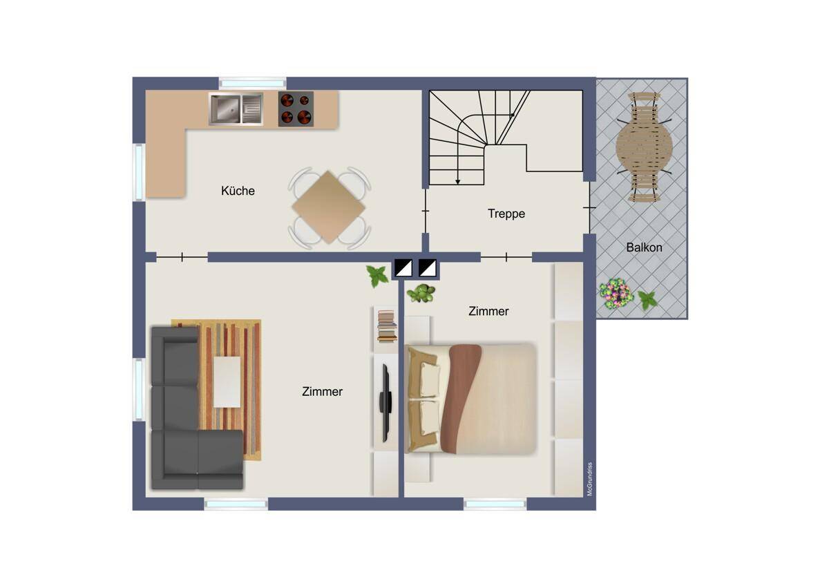 Dieser Grundriss präsentiert eine Küche mit Essbereich, ein Wohnzimmer, ein Schlafzimmer und einen Balkon.