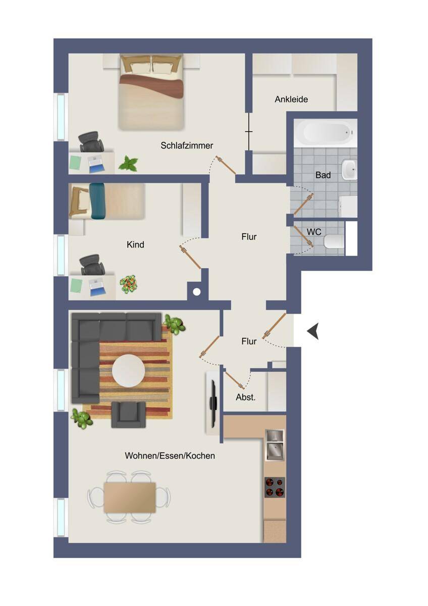 Grundriss einer Wohnung mit offenem Wohn-Ess-Kochbereich, zwei Schlafzimmern, Bad, separatem WC und Ankleidezimmer.