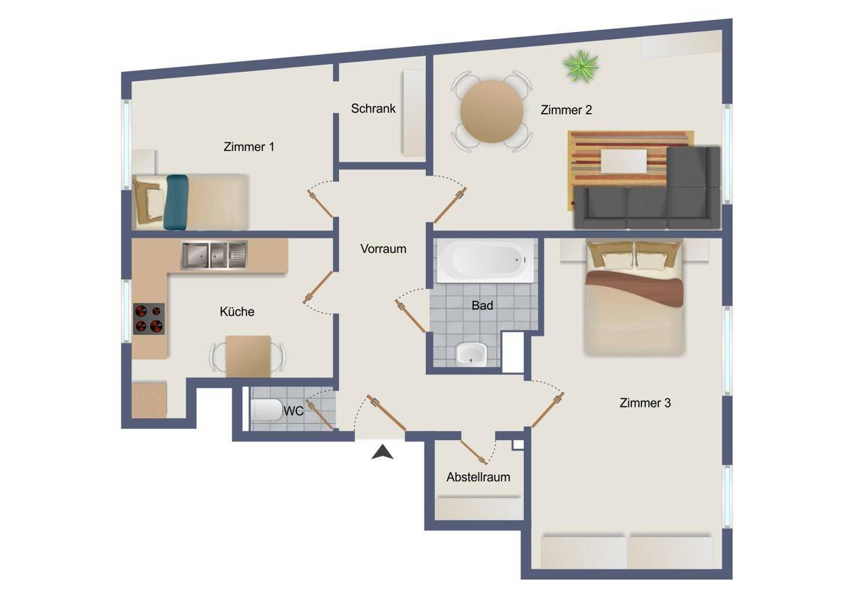 Detaillierter Grundriss einer Wohnung mit drei Zimmern, Küche, Bad und separatem WC.