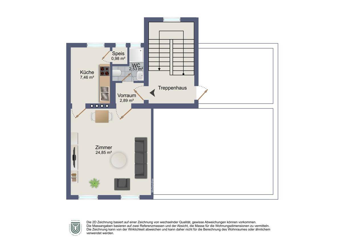 Grundriss der Wohnung mit Küche, WC, Vorraum und einem Zimmer.
