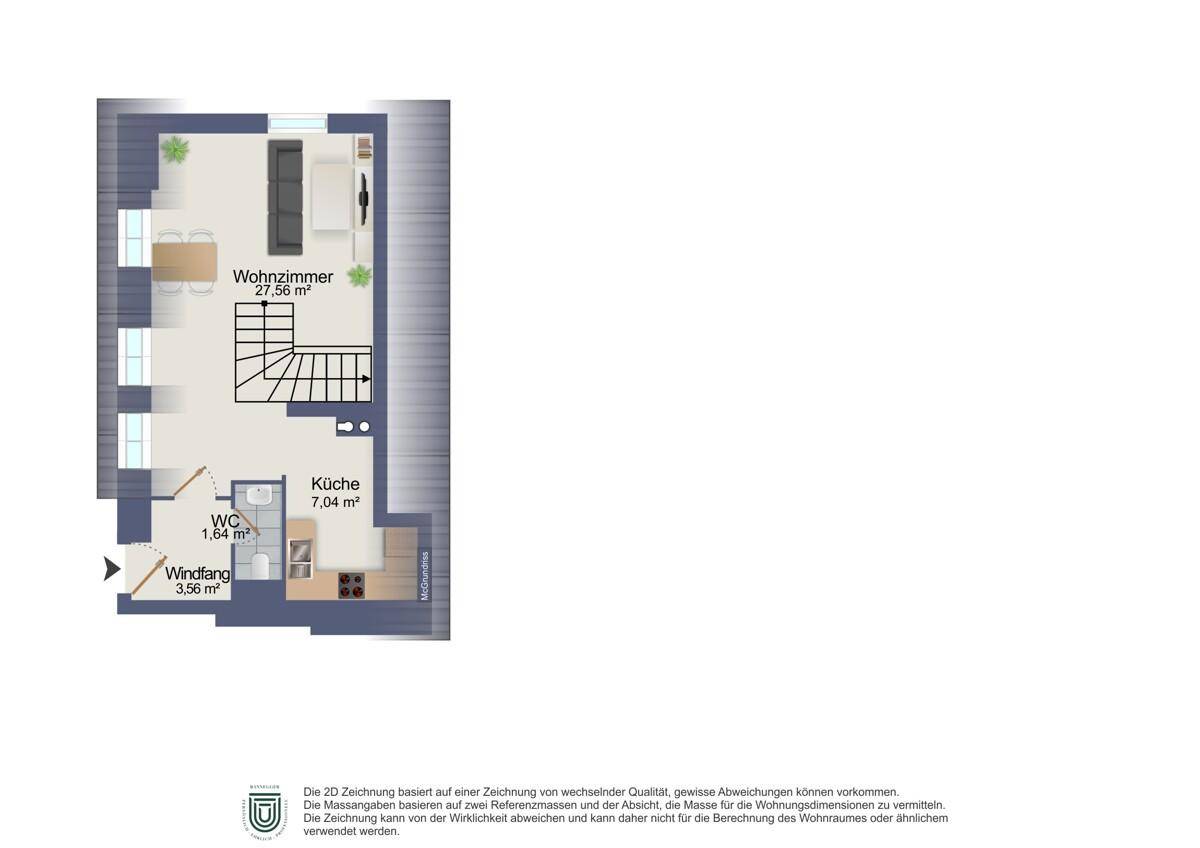 Grundriss des Erdgeschosses mit Wohnzimmer, Küche, WC und Windfang.