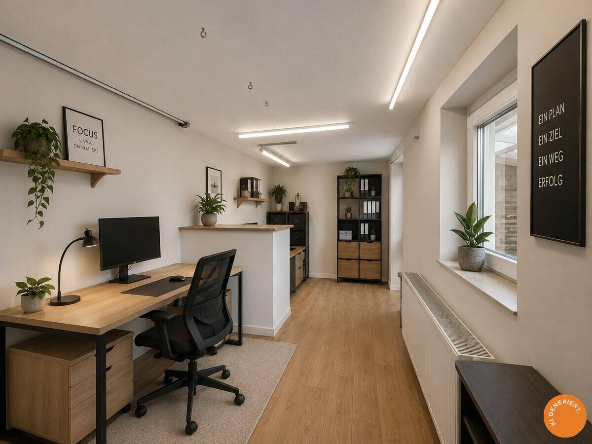 Modern eingerichtetes Büro mit Schreibtisch, Regalen und großem Fenster für viel Tageslicht.